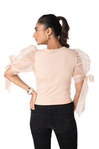 Round neck Blouses with Bow Tied-up Sleeves- Plus Size - Tan - Blouse featured
