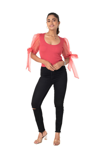 Round neck Blouses with Bow Tied-up Sleeves- Plus Size Blouse