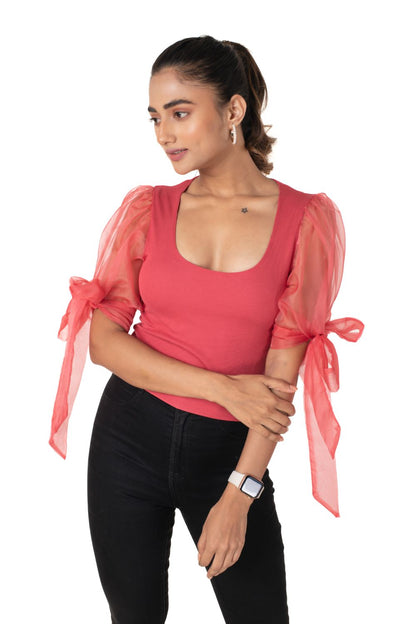 Round neck Blouses with Bow Tied-up Sleeves- Plus Size vermilion red Blouse