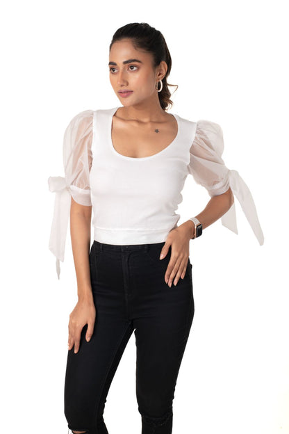 Round neck Blouses with Bow Tied-up Sleeves- Plus Size - White - Blouse featured
