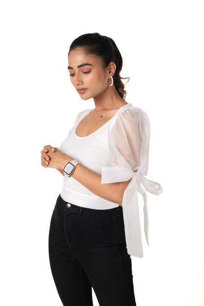 Round neck Blouses with Bow Tied-up Sleeves- Plus Size - White - Blouse featured