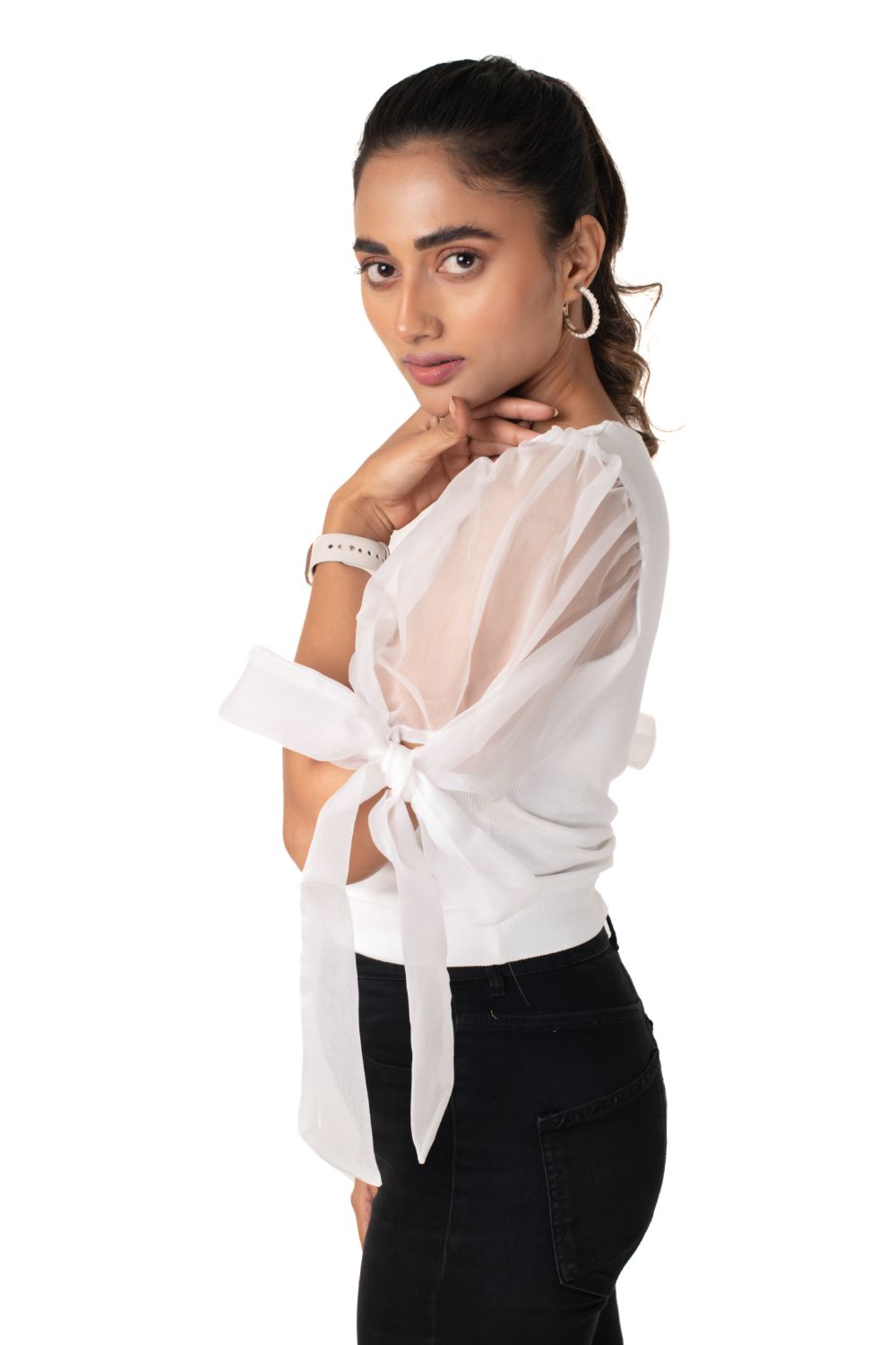 Round neck Blouses with Bow Tied-up Sleeves- Plus Size - White - Blouse featured