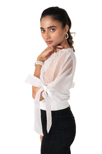 Round neck Blouses with Bow Tied-up Sleeves- Plus Size - White - Blouse featured