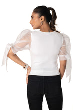 Load image into Gallery viewer, Round neck Blouses with Bow Tied-up Sleeves- Plus Size - White - Blouse featured