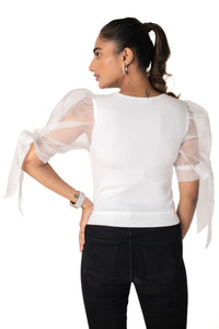 Round neck Blouses with Bow Tied-up Sleeves- Plus Size - White - Blouse featured