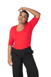 Hosiery Blouse- XXL Deep Round Neck (Elbow Sleeves) - Red - Blouse featured