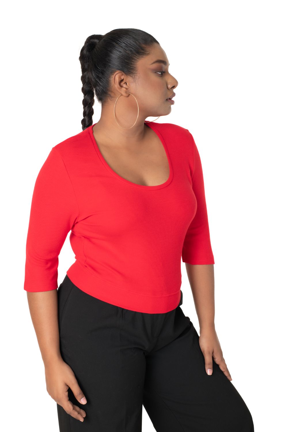 Hosiery Blouse- XXL Deep Round Neck (Elbow Sleeves) - Red - Blouse featured