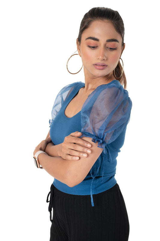 Round neck Blouses with Puffy Organza Sleeves - Azure Blue - Blouse featured