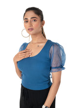 Load image into Gallery viewer, Round neck Blouses with Puffy Organza Sleeves- Plus Size - Azure Blue - Blouse featured