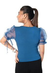 Round neck Blouses with Puffy Organza Sleeves- Plus Size - Azure Blue - Blouse featured