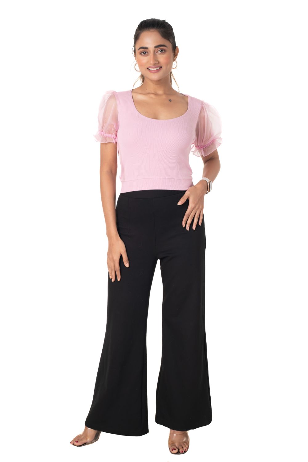 Round neck Blouses with Puffy Organza Sleeves - Blush Pink - Blouse featured