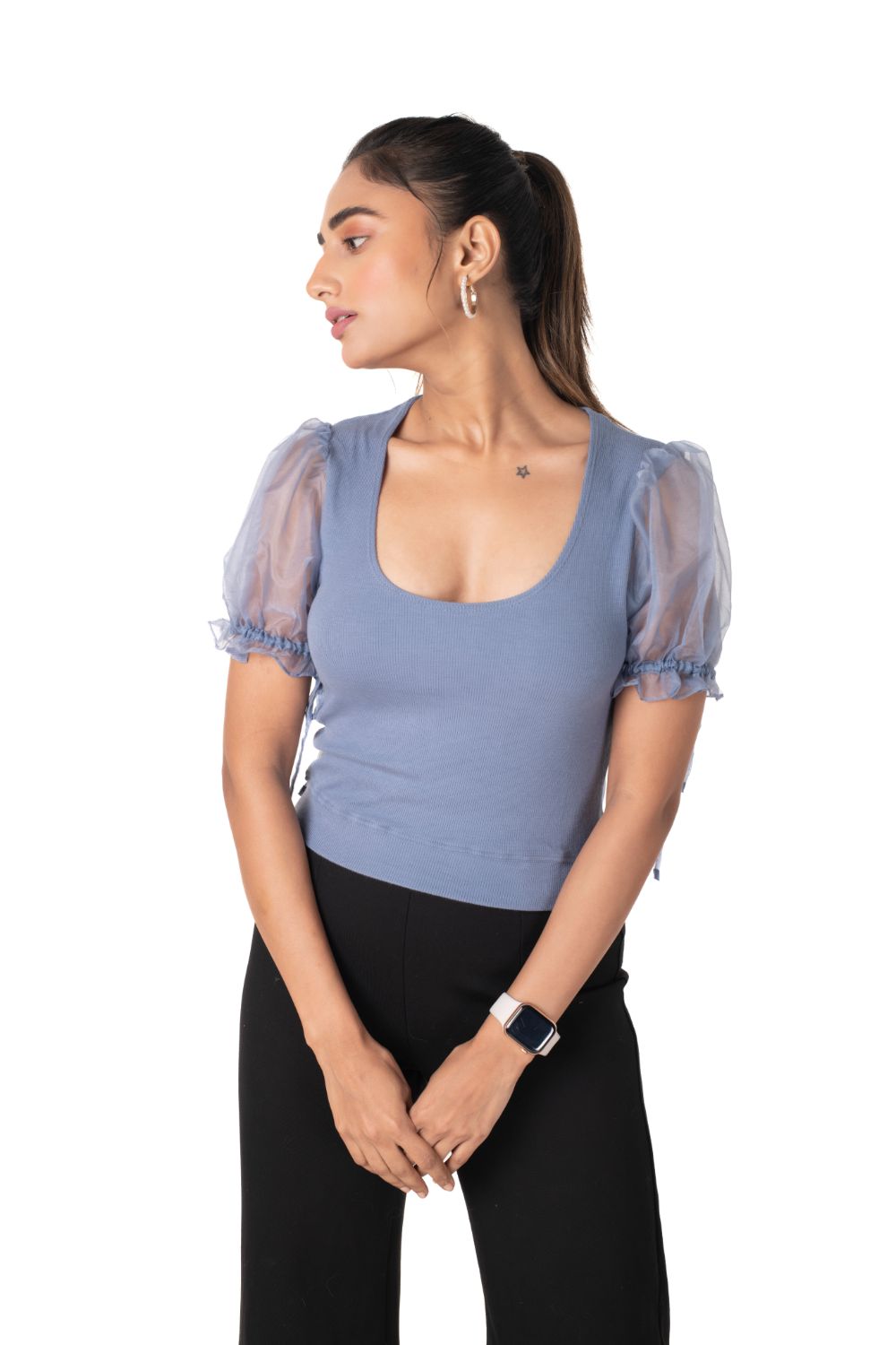 Round neck Blouses with Puffy Organza Sleeves - Brilliant_Blue - Blouse featured