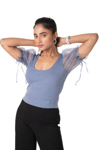 Round neck Blouses with Puffy Organza Sleeves- Plus Size - Brilliant Blue - Blouse featured