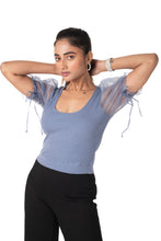 Load image into Gallery viewer, Round neck Blouses with Puffy Organza Sleeves - Brilliant_Blue - Blouse featured