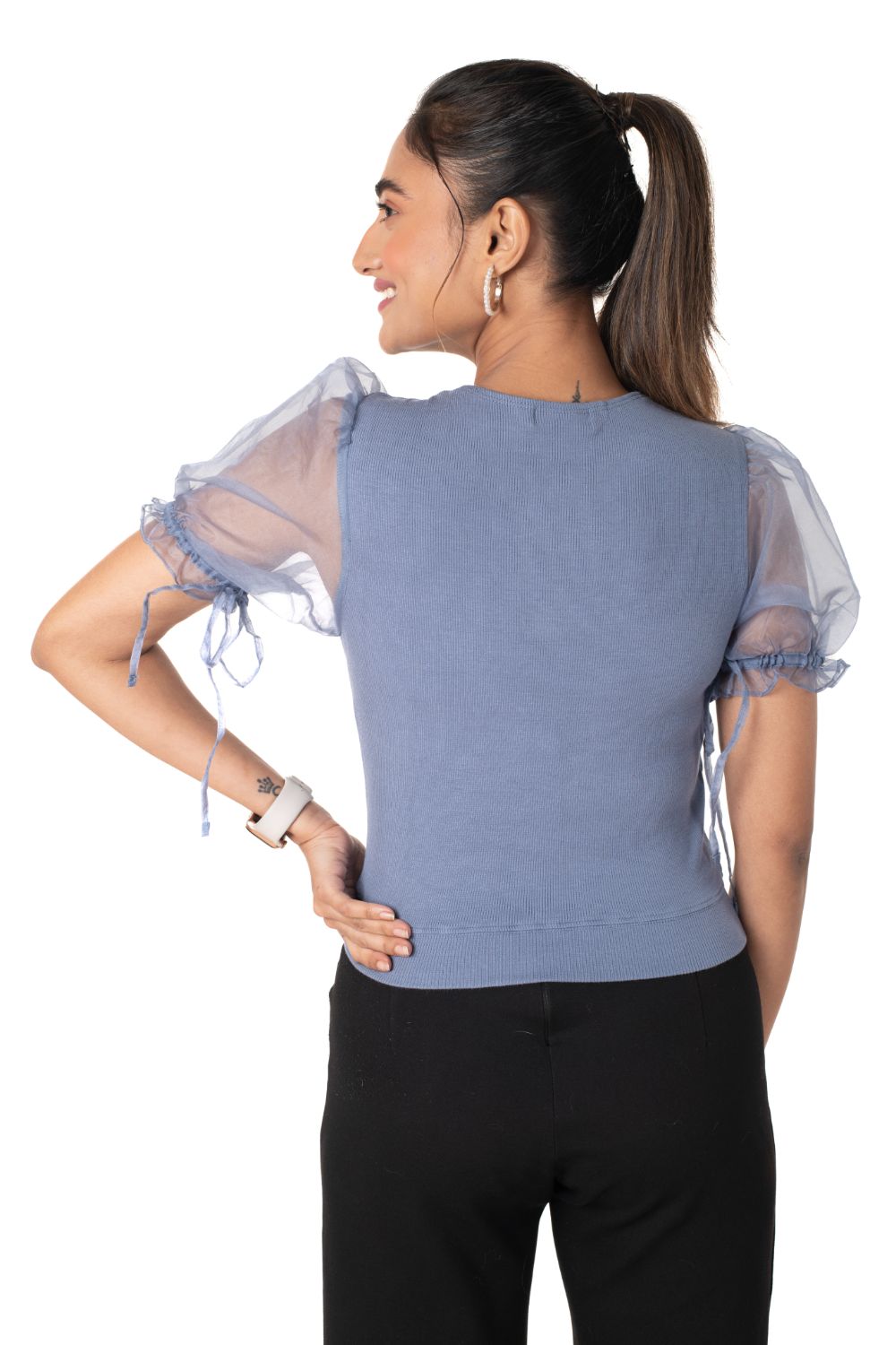 Round neck Blouses with Puffy Organza Sleeves - Brilliant_Blue - Blouse featured