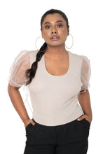 Load image into Gallery viewer, Round neck Blouses with Puffy Organza Sleeves - Calm_Ivory - Blouse featured