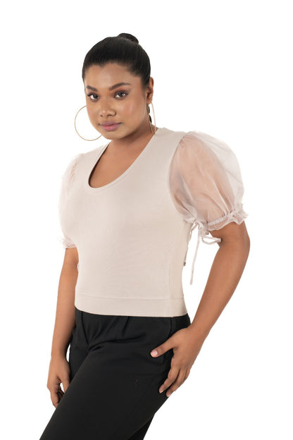 Round neck Blouses with Puffy Organza Sleeves - Calm_Ivory - Blouse featured