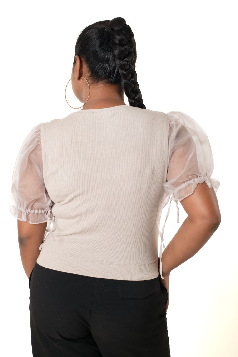 Round neck Blouses with Puffy Organza Sleeves - Calm_Ivory - Blouse featured