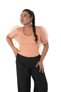 Round neck Blouses with Puffy Organza Sleeves - Cider - Blouse featured