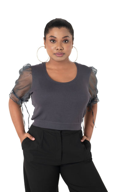 Round neck Blouses with Puffy Organza Sleeves - Clay_Grey - Blouse featured