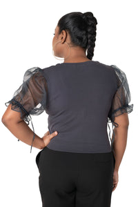 Round neck Blouses with Puffy Organza Sleeves - Clay_Grey - Blouse featured