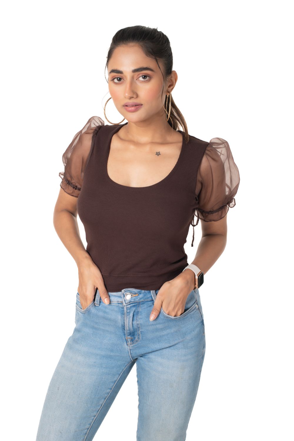 Round neck Blouses with Puffy Organza Sleeves - Dark_Brown - Blouse featured
