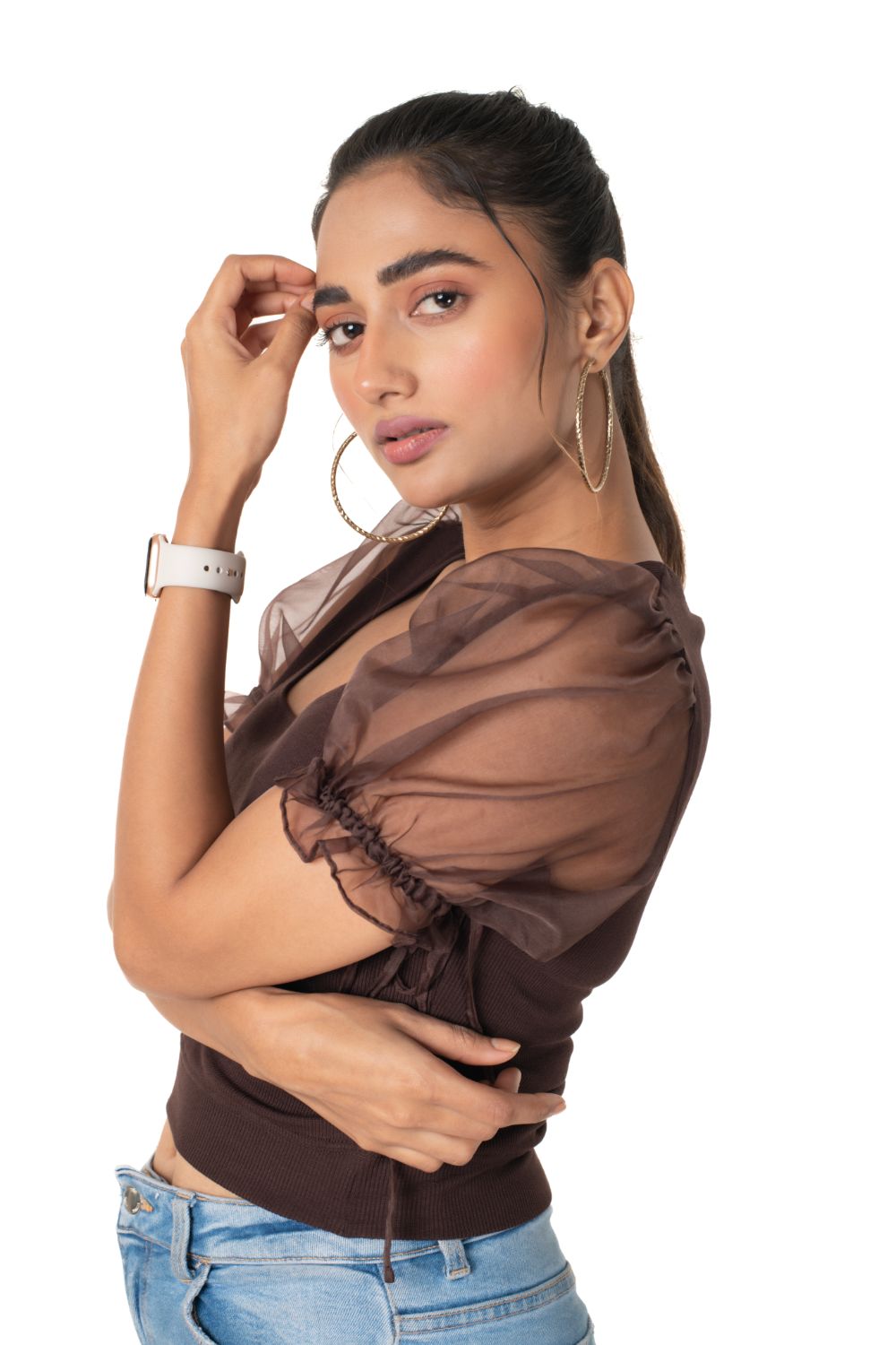 Round neck Blouses with Puffy Organza Sleeves - Dark_Brown - Blouse featured