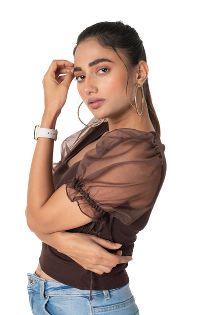 Round neck Blouses with Puffy Organza Sleeves - Dark_Brown - Blouse featured