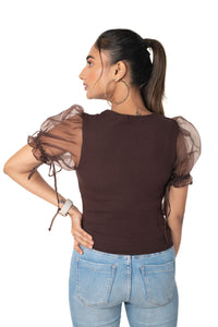 Round neck Blouses with Puffy Organza Sleeves - Dark_Brown - Blouse featured