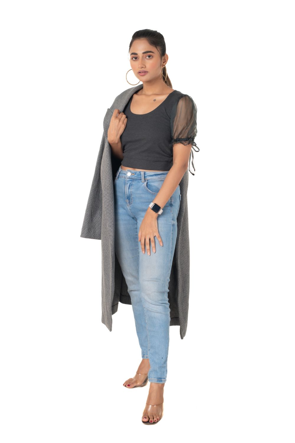 Round neck Blouses with Puffy Organza Sleeves - Dark_Grey - Blouse featured