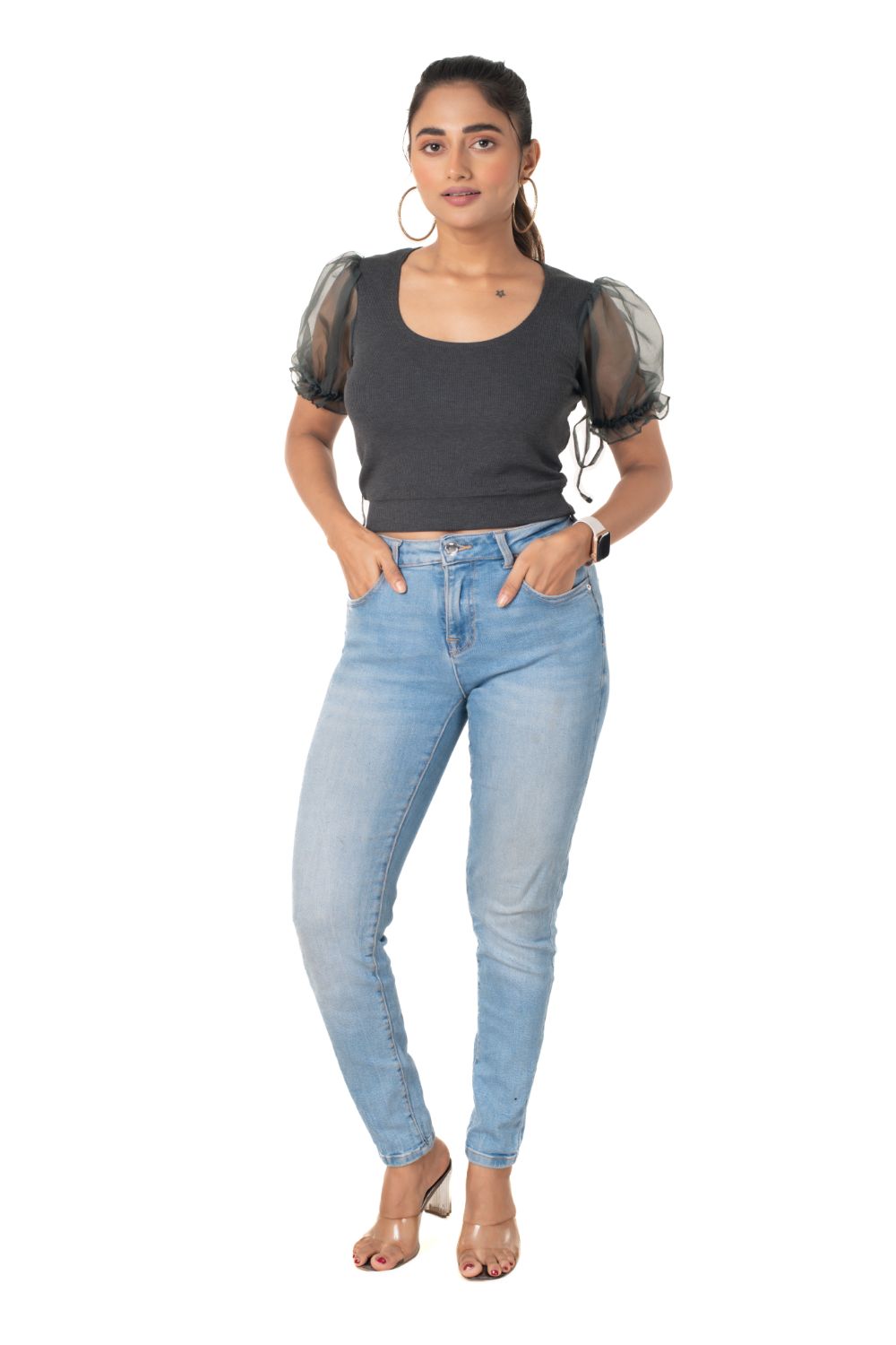 Round neck Blouses with Puffy Organza Sleeves - Dark_Grey - Blouse featured