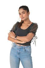 Load image into Gallery viewer, Round neck Blouses with Puffy Organza Sleeves- Plus Size - Dark Grey - Blouse featured