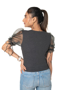Round neck Blouses with Puffy Organza Sleeves- Plus Size - Dark Grey - Blouse featured