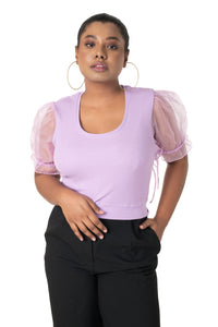Round neck Blouses with Puffy Organza Sleeves - Lavender - Blouse featured