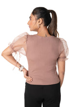 Load image into Gallery viewer,  Round neck Blouses with Puffy Organza Sleeves- Plus Size - Light_Brown - Blouse featured