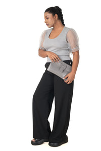  Round neck Blouses with Puffy Organza Sleeves- Plus Size - Light_Grey - Blouse featured