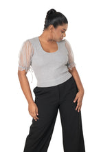 Load image into Gallery viewer,  Round neck Blouses with Puffy Organza Sleeves- Plus Size - Light_Grey - Blouse featured