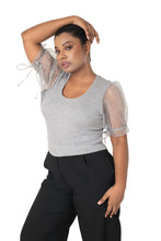 Load image into Gallery viewer, Round neck Blouses with Puffy Organza Sleeves - Light_Grey - Blouse featured