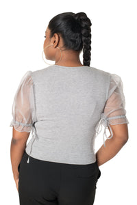  Round neck Blouses with Puffy Organza Sleeves- Plus Size - Light_Grey - Blouse featured