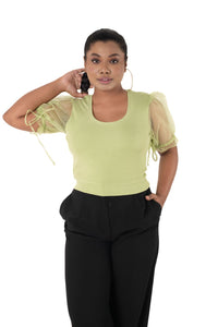  Round neck Blouses with Puffy Organza Sleeves- Plus Size - Lime_Green - Blouse featured