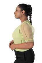 Load image into Gallery viewer,  Round neck Blouses with Puffy Organza Sleeves- Plus Size - Lime_Green - Blouse featured