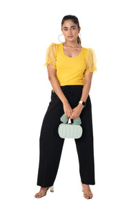 Round neck Blouses with Puffy Organza Sleeves - Mango_Yellow - Blouse featured