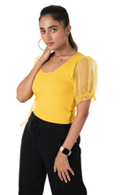 Load image into Gallery viewer,  Round neck Blouses with Puffy Organza Sleeves- Plus Size - Mango_Yellow - Blouse featured