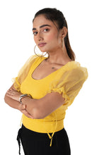 Load image into Gallery viewer, Round neck Blouses with Puffy Organza Sleeves - Mango_Yellow - Blouse featured