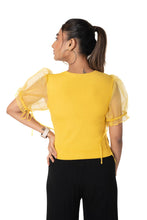 Load image into Gallery viewer,  Round neck Blouses with Puffy Organza Sleeves- Plus Size - Mango_Yellow - Blouse featured