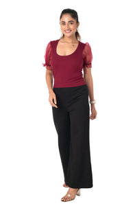 Round neck Blouses with Puffy Organza Sleeves - Maroon - Blouse featured