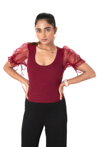  Round neck Blouses with Puffy Organza Sleeves- Plus Size - Maroon - Blouse featured