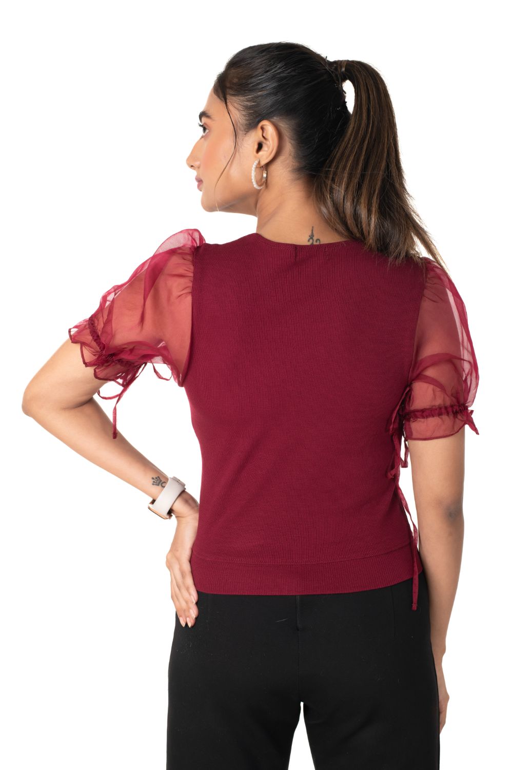 Round neck Blouses with Puffy Organza Sleeves - Maroon - Blouse featured