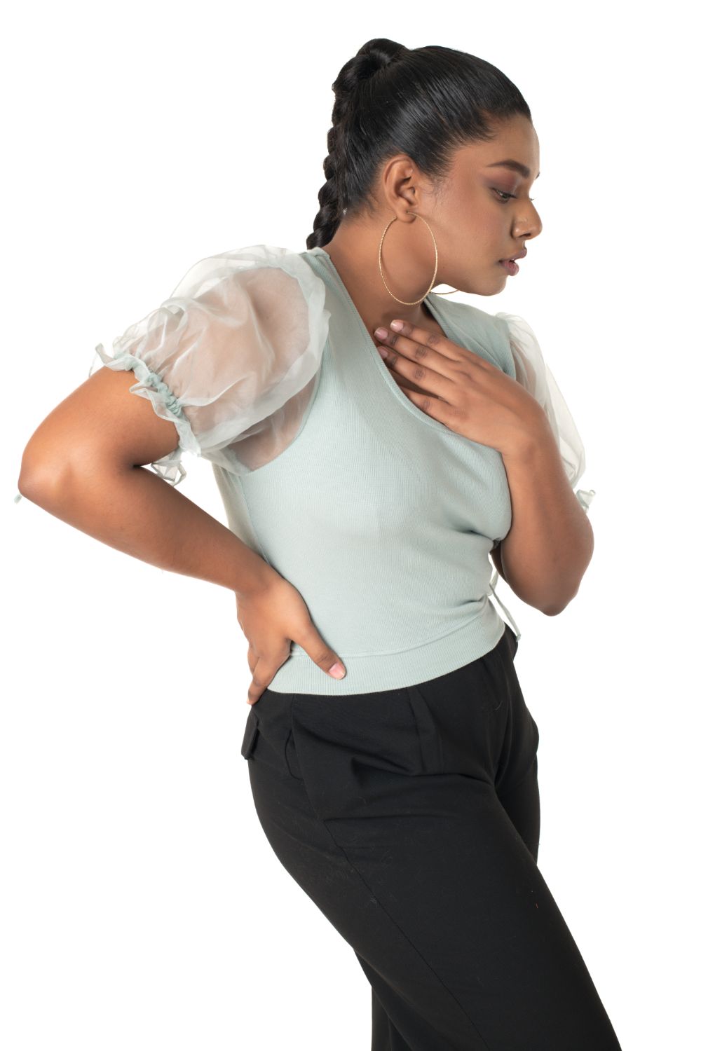 Round neck Blouses with Puffy Organza Sleeves - Mint_Green - Blouse featured