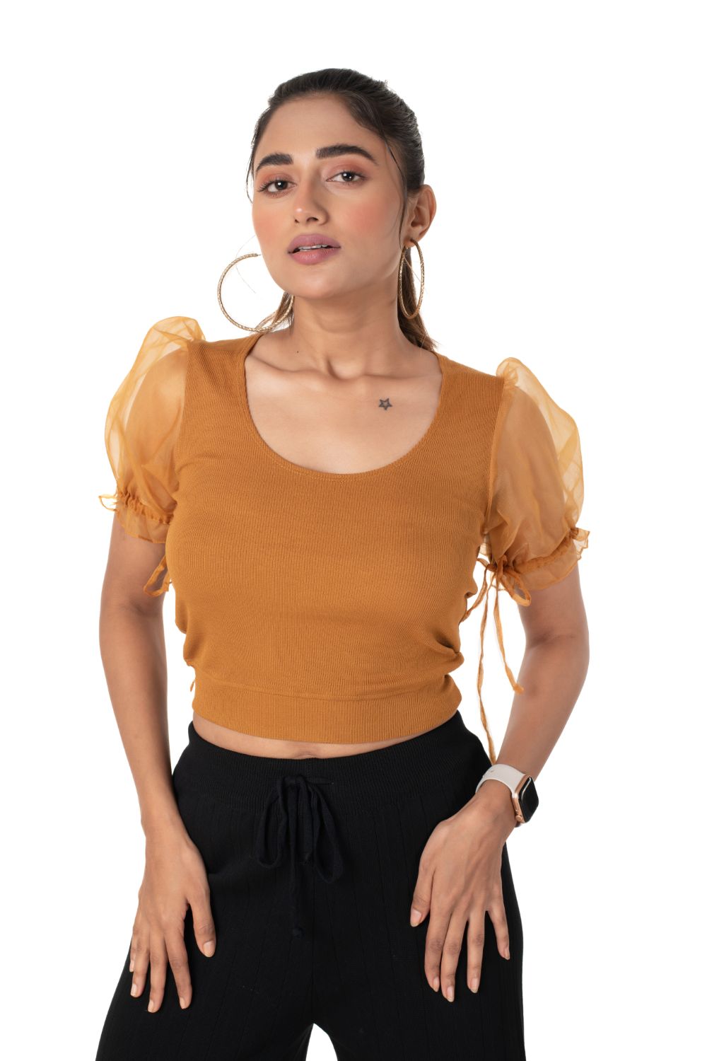 Round neck Blouses with Puffy Organza Sleeves - Mustard - Blouse featured